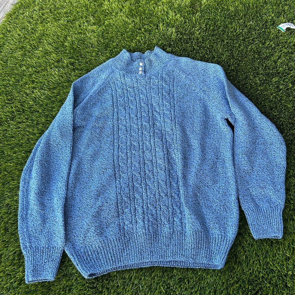 Karen Scott petites  Blue Knit Turtleneck Sweater with Pearl Accents